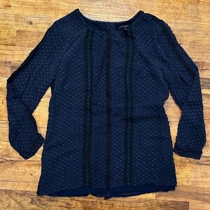 J. Crew Navy Swiss Dot and Lace Button Back Silk Dot Blouse size 6 tall